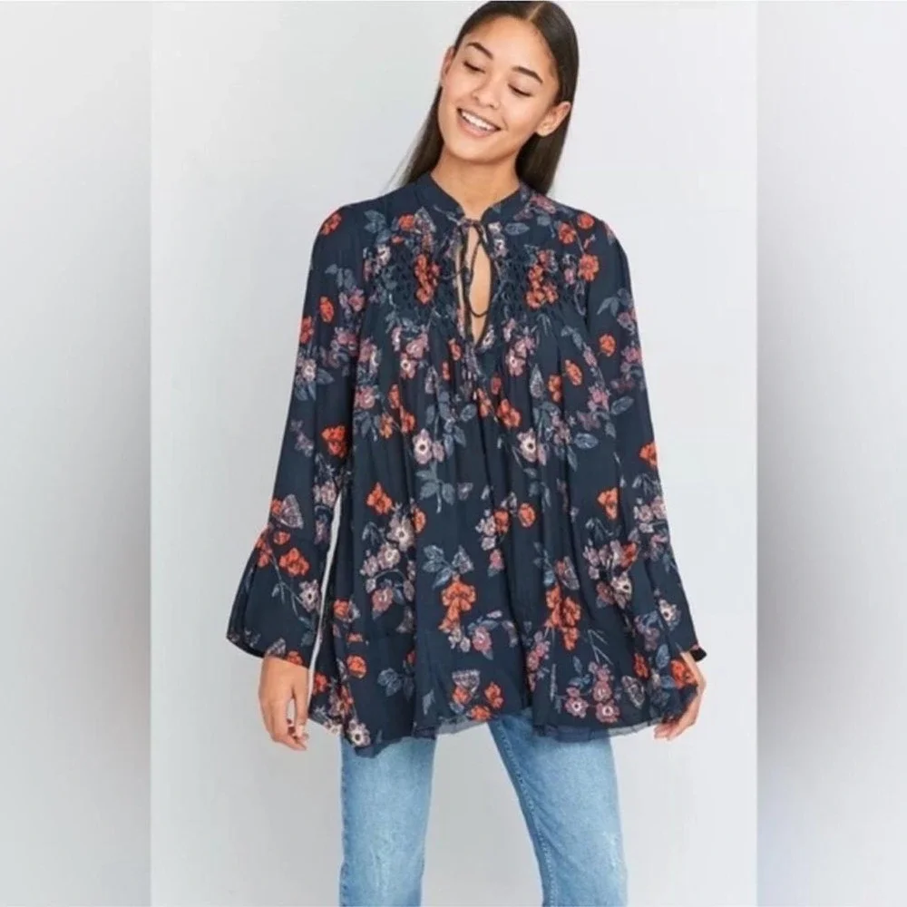 Free People Sheer Floral Butterfly Smocked Raw Lace Hem Tunic Top Blue XS Boho